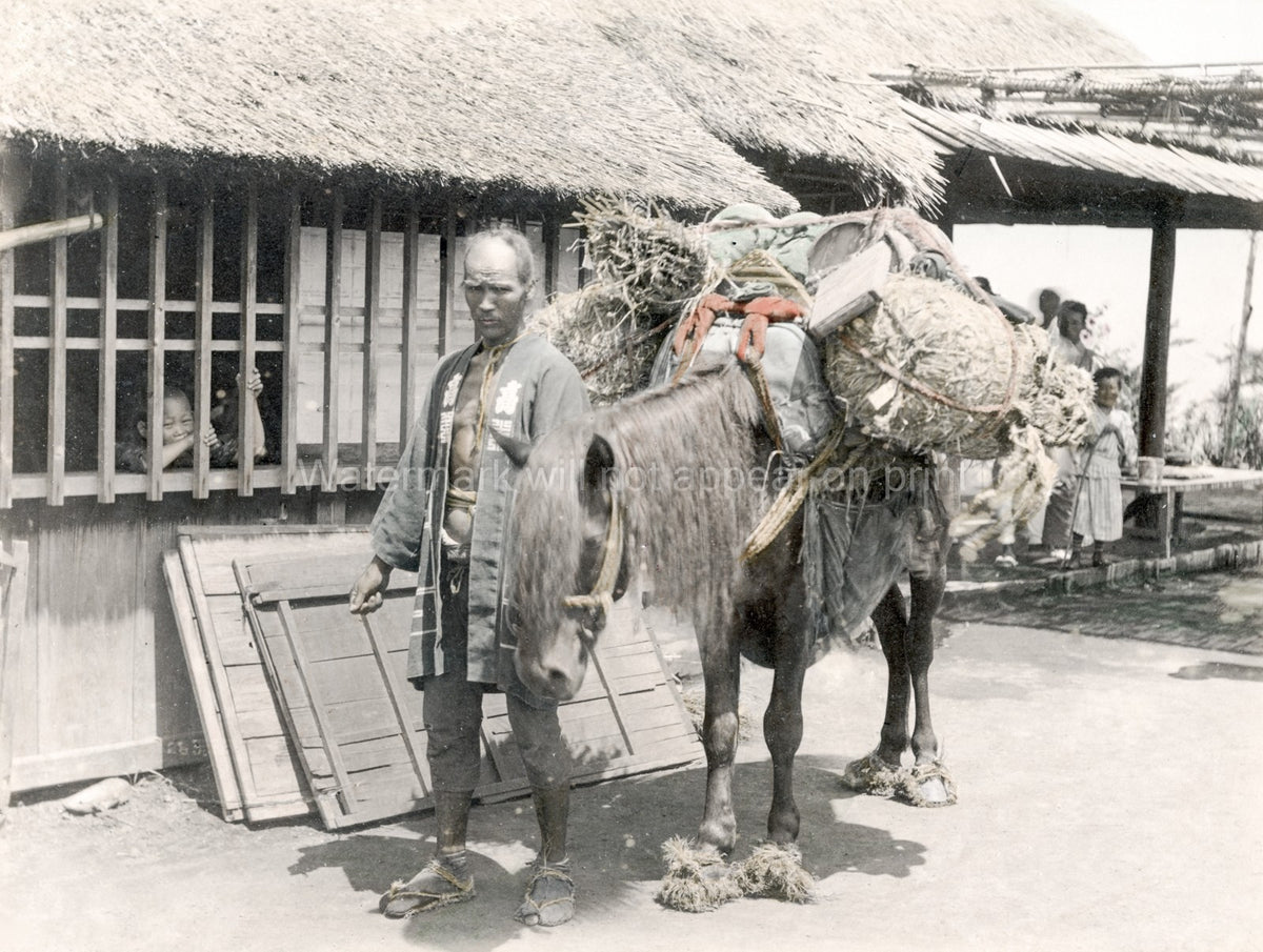 Japan Pack Horse Grass Shoes Farmer Man Rural Life Thatched Vtg. Photo 19thC.