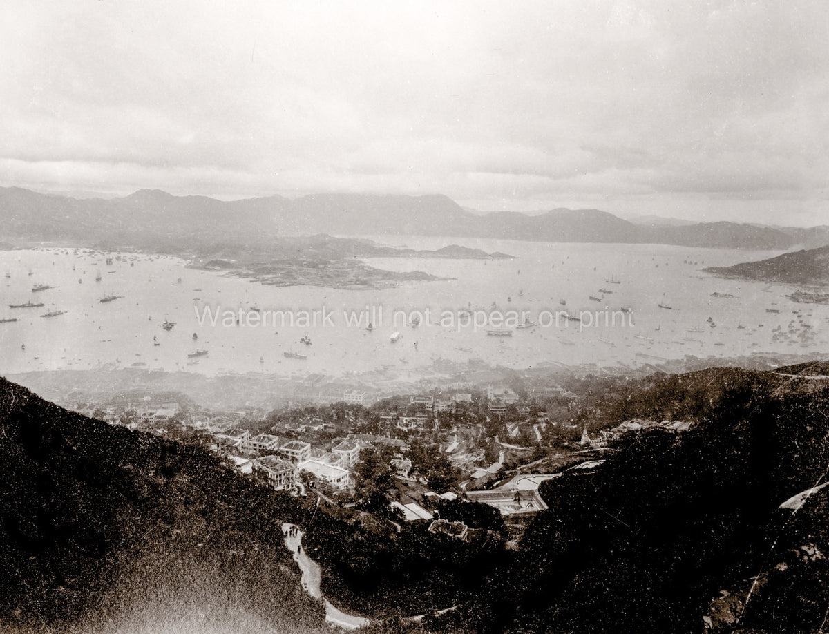 Hong Kong Harbour China Cityscape View Peak Boats Vtg. Photo 19thC.
