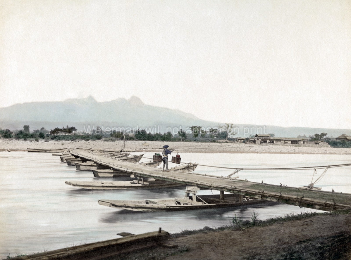 Ikao Japan Bridge Boats River Crossing Man Landscape Vtg. Photo 19thC.