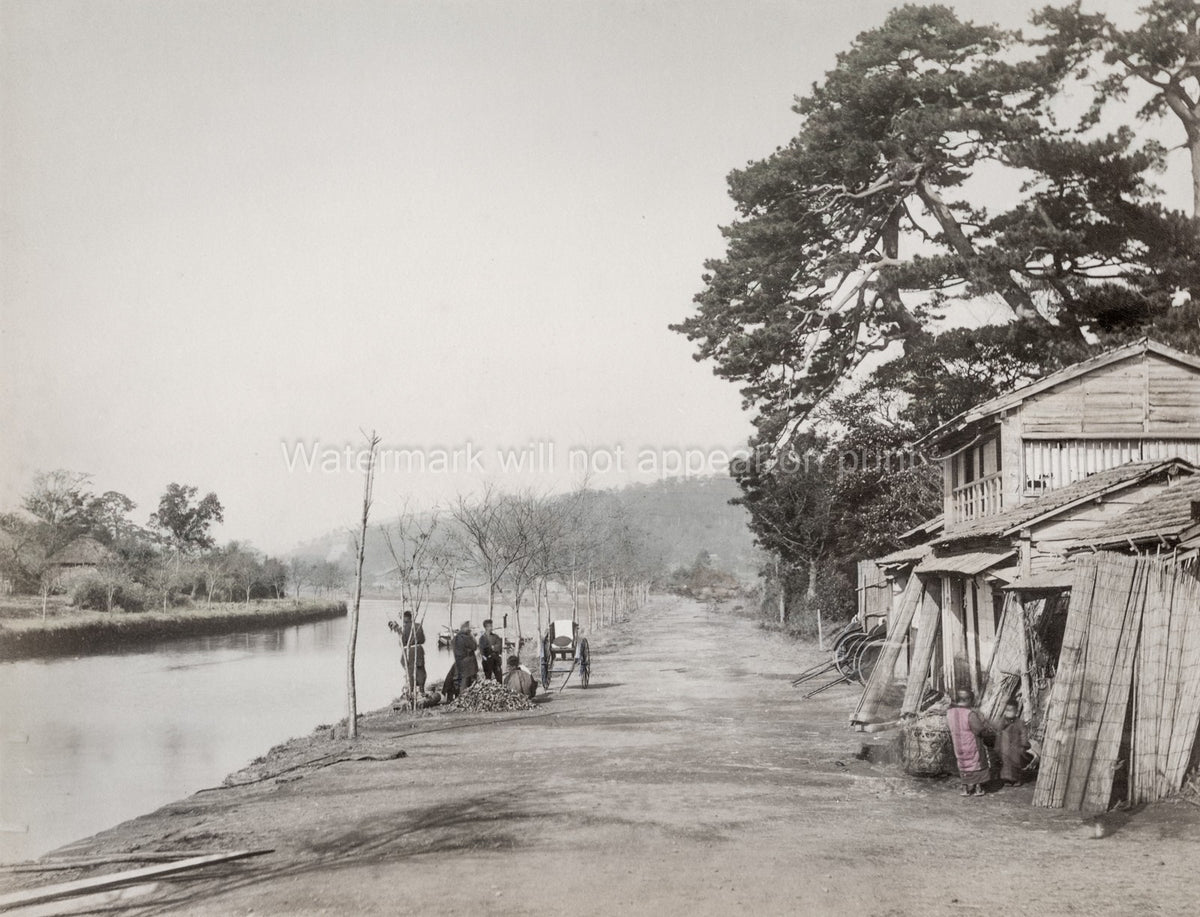 Yokohama Japan Negishi Canal Roadside Scene Rickshaws People Vtg. Photo 19thC.
