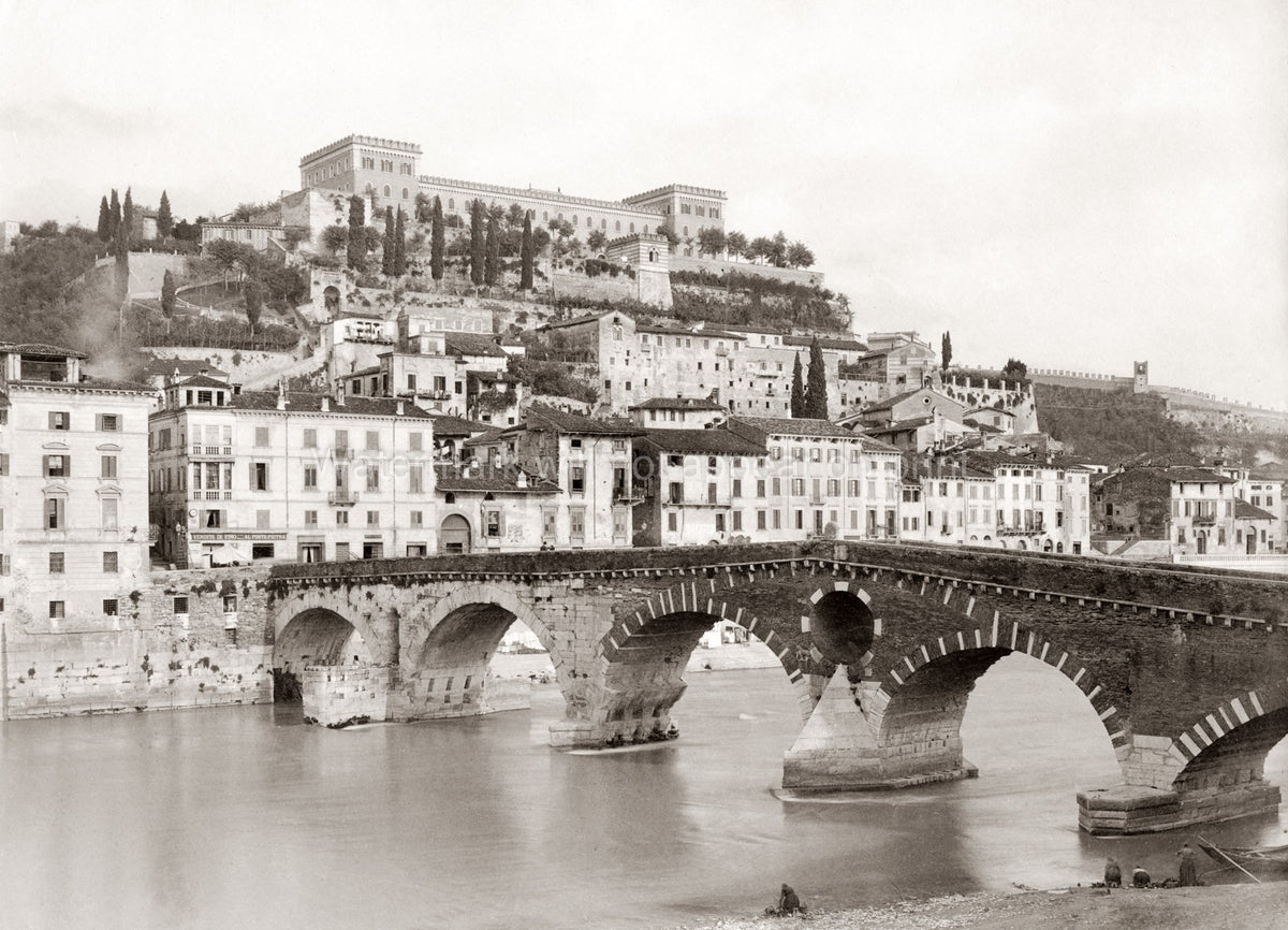 Verona Italy Ponte Pietra Bridge River Castle Cityscape Vtg. Photo 19thC.
