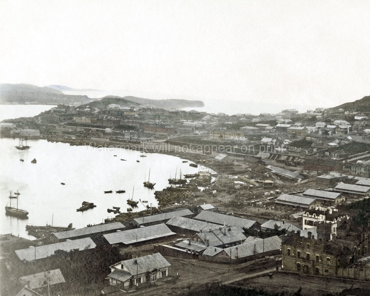 Vladivostok Russia Cityscape Harbour Boats Coastal Port View Vtg. Photo 19thC.