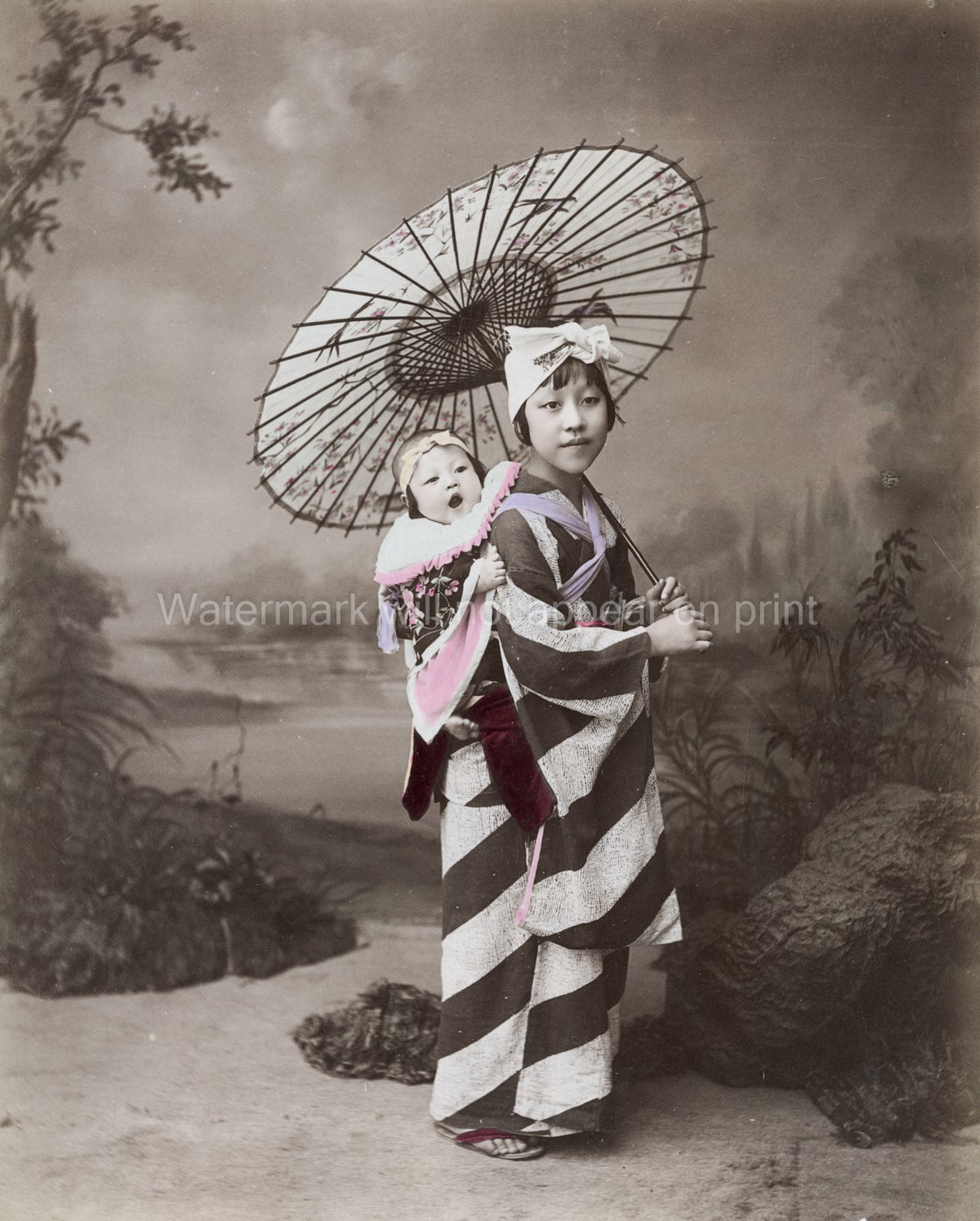 Japan Young Woman Nanny Carrying Baby Kimono Parasol Vtg. Photo 19thC.