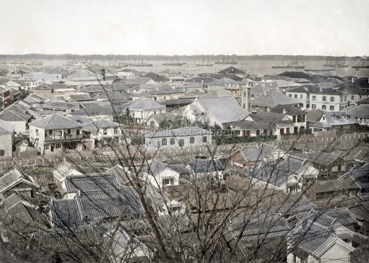 Yokohama Japan Rooftop View Cityscape Harbor Ships Buildings Vtg. Photo 19thC.