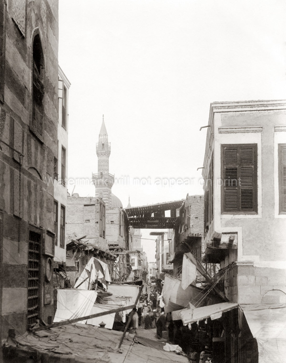 Cairo Egypt Street View Minaret Bazaar Market Crowd Vtg. Photo 19thC.
