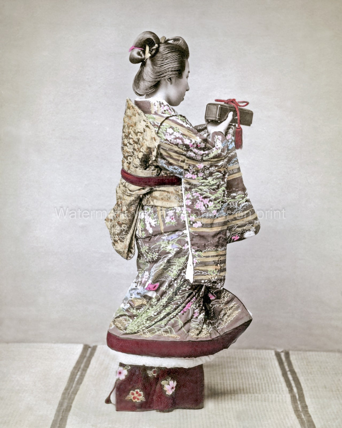 Japanese Girl Gift Ornate Kimono Traditional Dress Hairstyle Vtg. Photo 19thC.