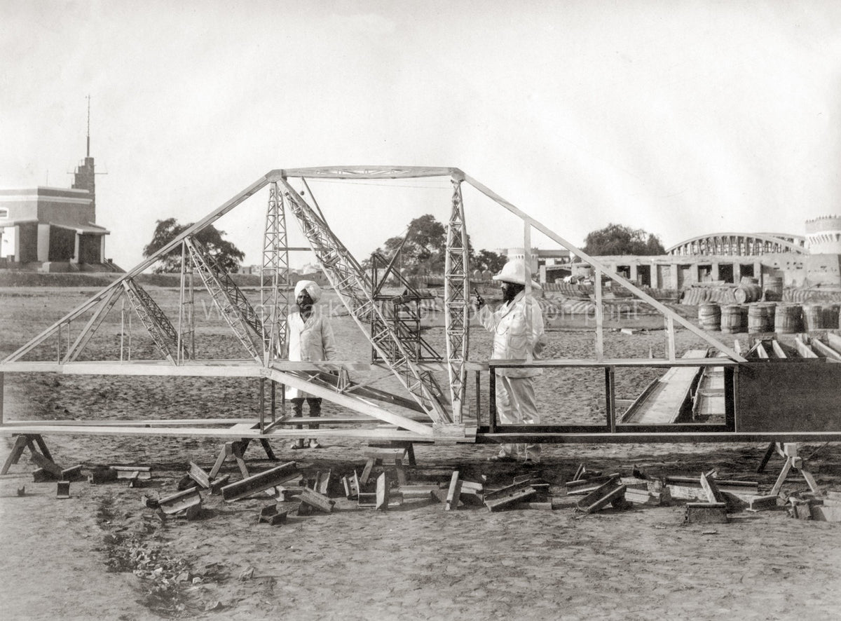 India Engineering Model Cantilever Bridge Construction Men Vtg. Photo 19thC.