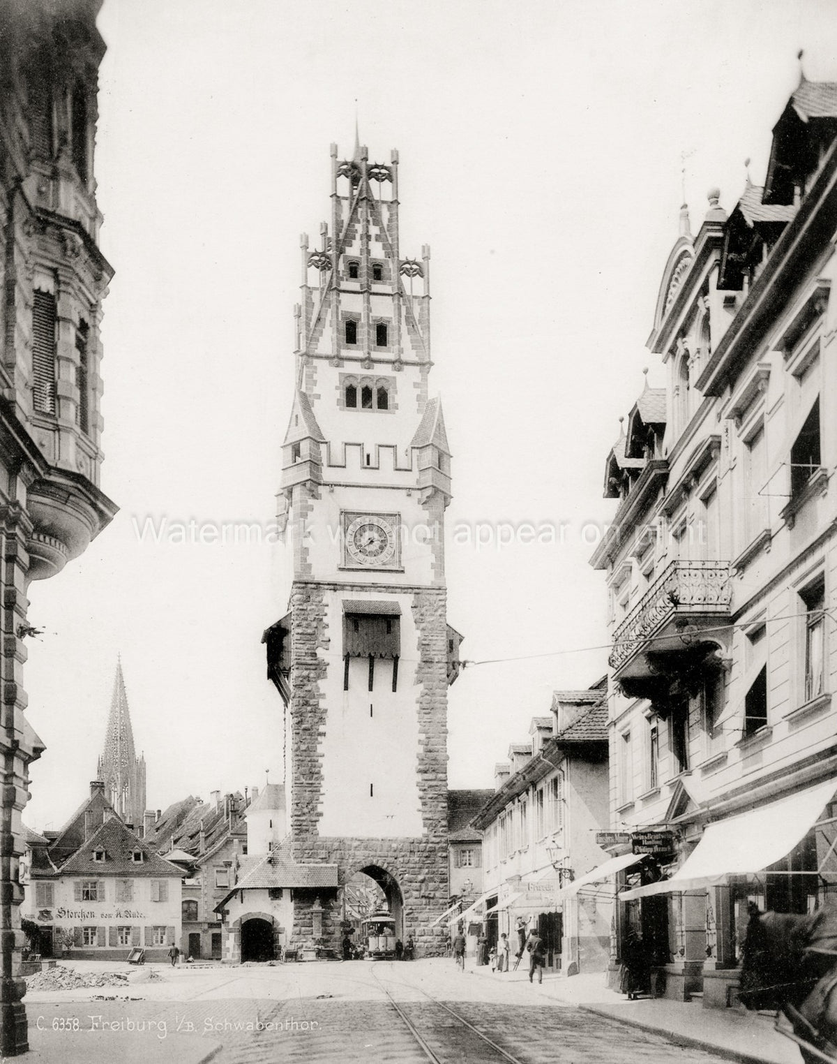 Freiburg Schwabentor Gate Tower Street Scene Tram Germany Vtg. Photo 20thC.