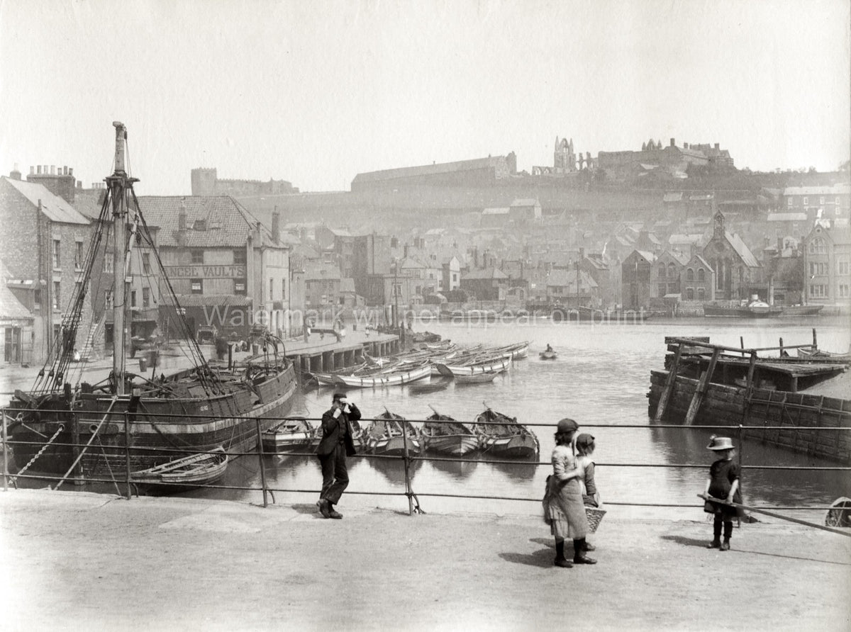 Whitby Harbour Yorkshire Abbey Boats Quayside Children Fishing Vtg. Photo 19thC.