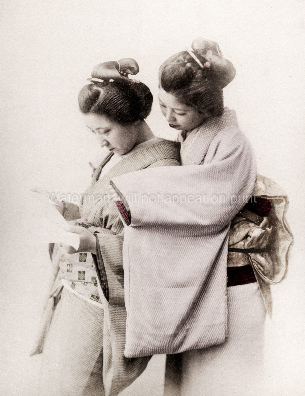 Young Japanese Women Kimono Reading Letter Traditional Dress Vtg. Photo 19thC.