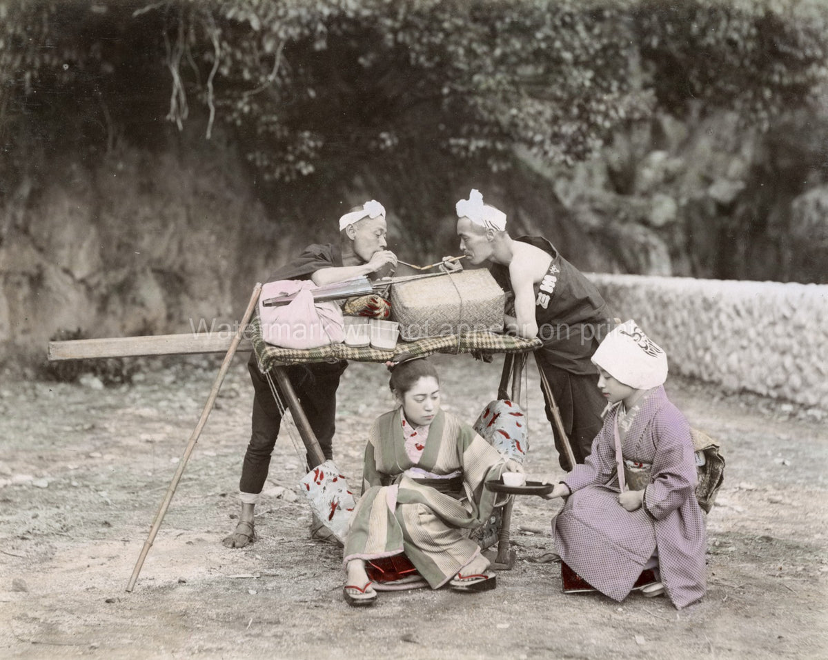 Japanese Woman Kago Carrying Chair Served Tea Porters Vtg. Photo 19thC.