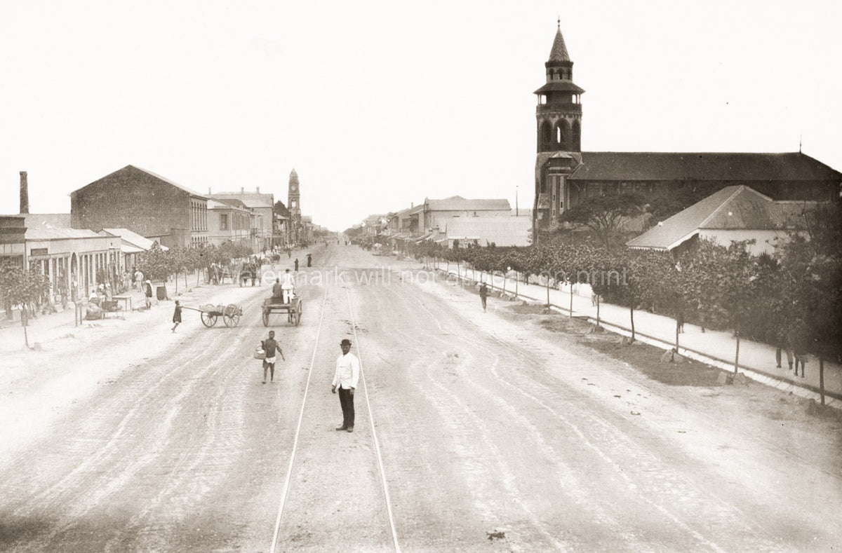 West Street Durban South Africa Cityscape Church Tram Tracks Vtg. Photo 19thC.