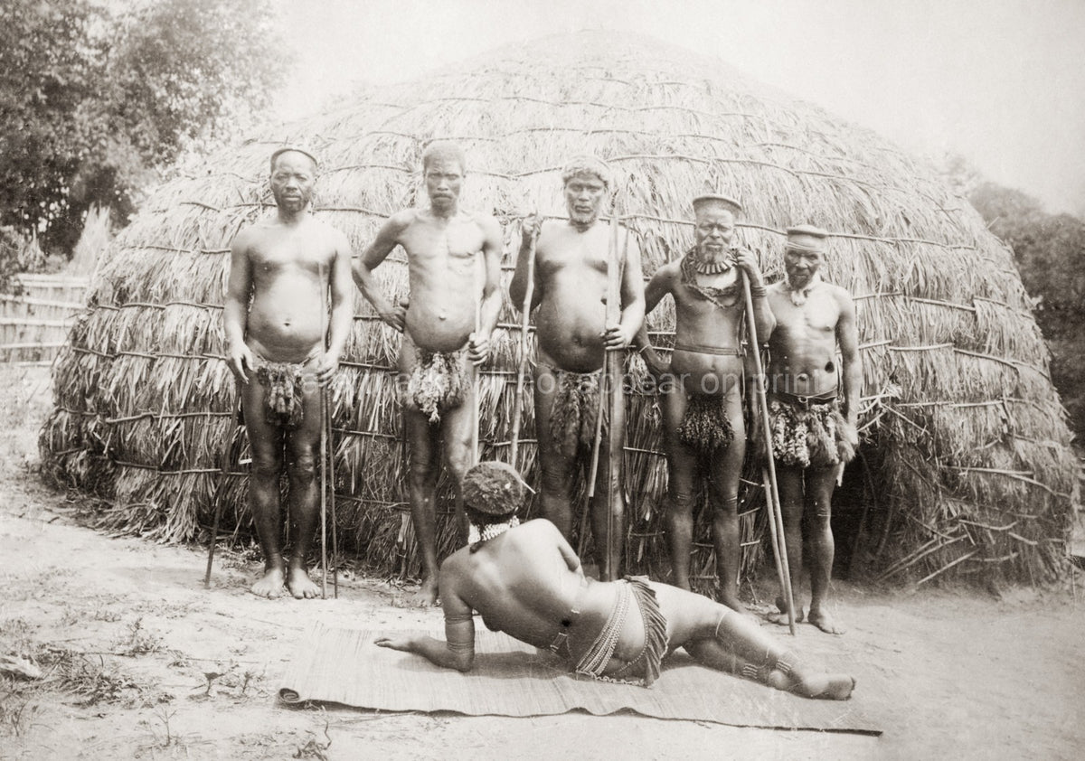 South Africa Indigenous African Group Tribe Village Hut Spears Vtg. Photo 20thC.