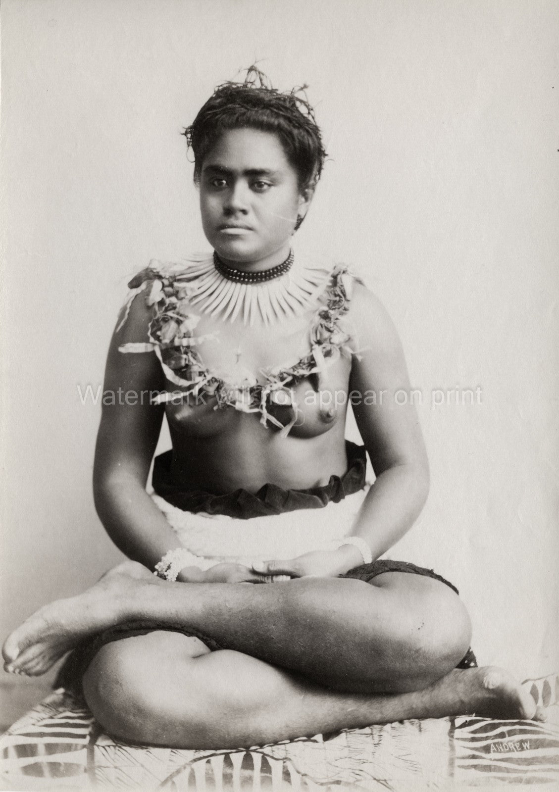 Western Samoa Woman Traditional Attire Seated Studio Portrait Vtg. Photo 19thC.