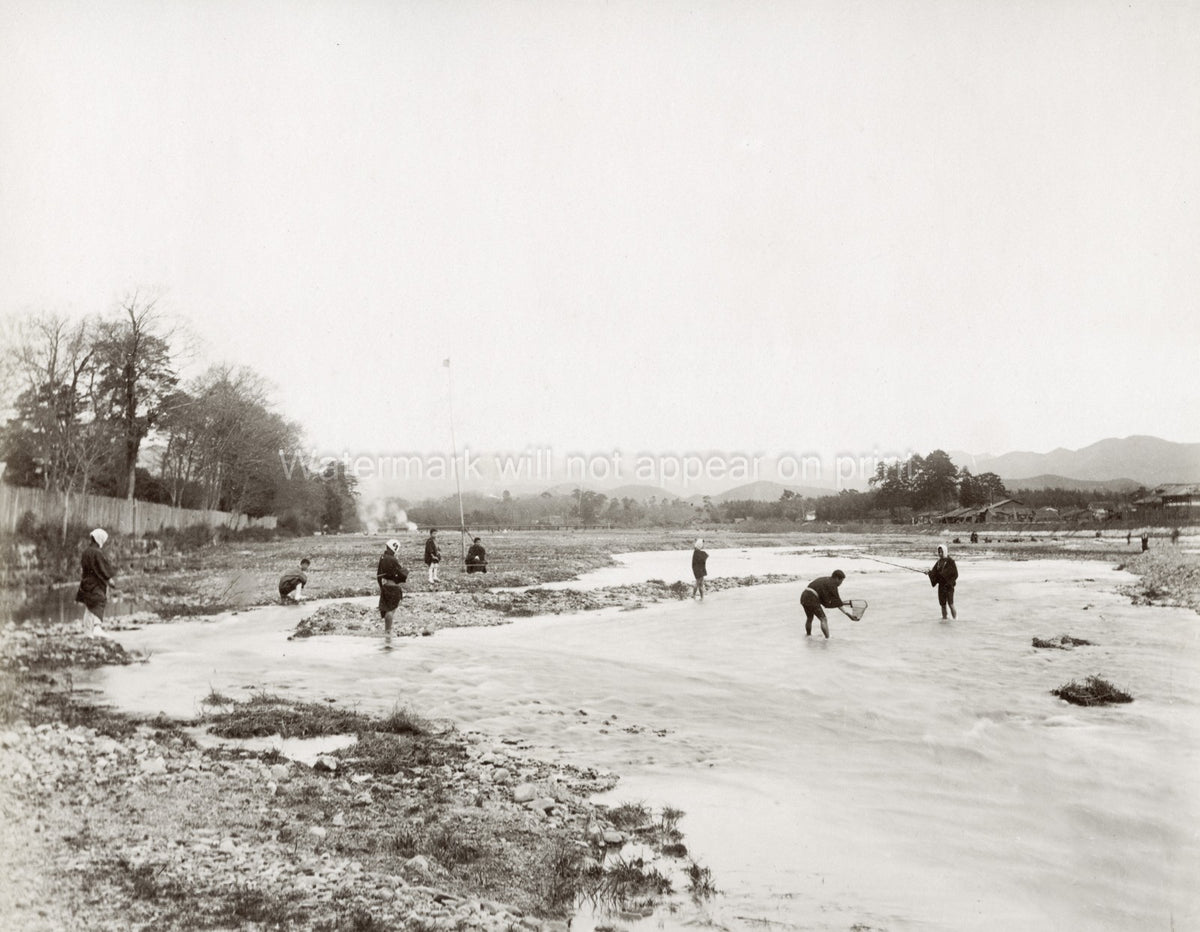 Kyoto Japan Kamogawa River Fishing Fishermen Wading Nets Vtg. Photo 19thC.