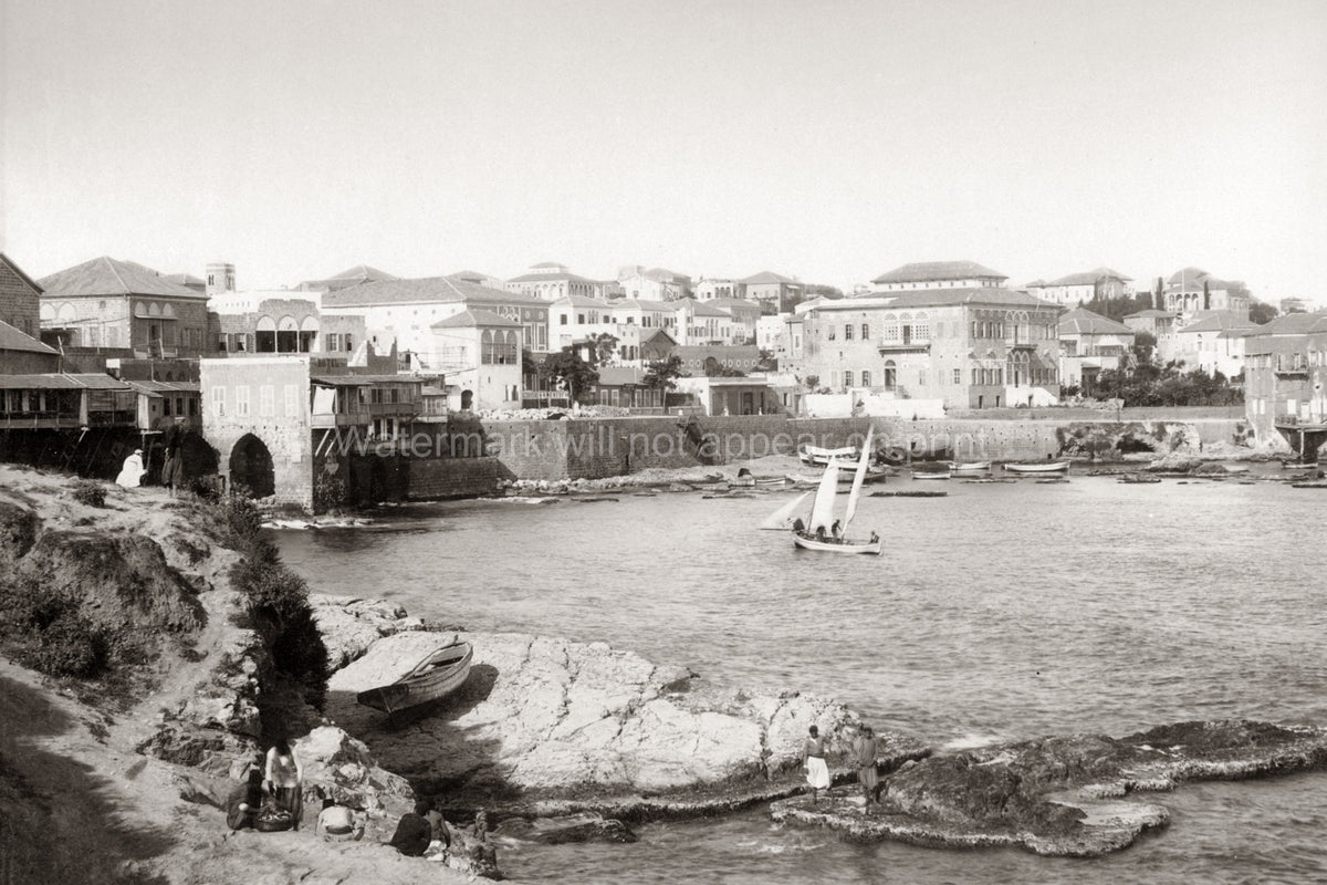 Beirut Lebanon Waterfront Harbor Cityscape Sailboats Buildings Vtg. Photo 19thC.
