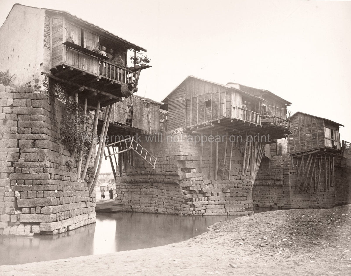 Chaozhou China Bridge Houses Stilts River Architecture Vtg. Photo 19thC.