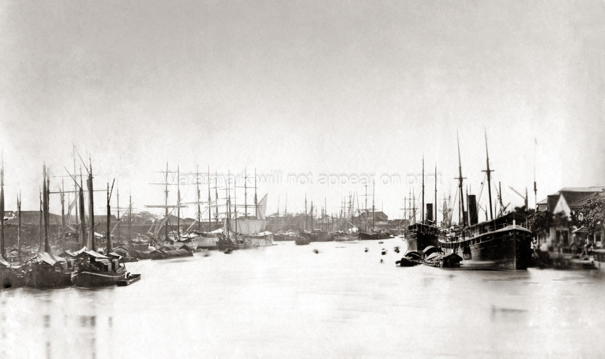 Hong Kong Harbour Ships Boats Steamships Waterfront Maritime Vtg. Photo 19thC.