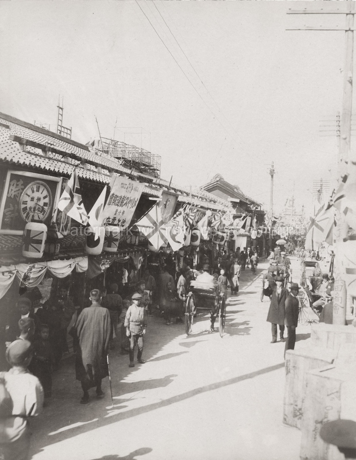 Japan Street Shops Crowd Flags Rickshaw Celebration Market Vtg. Photo 19thC.