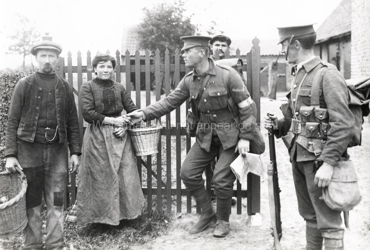 World War Belgian Peasants Give Fruit British Soldiers Vtg. Photo WW1