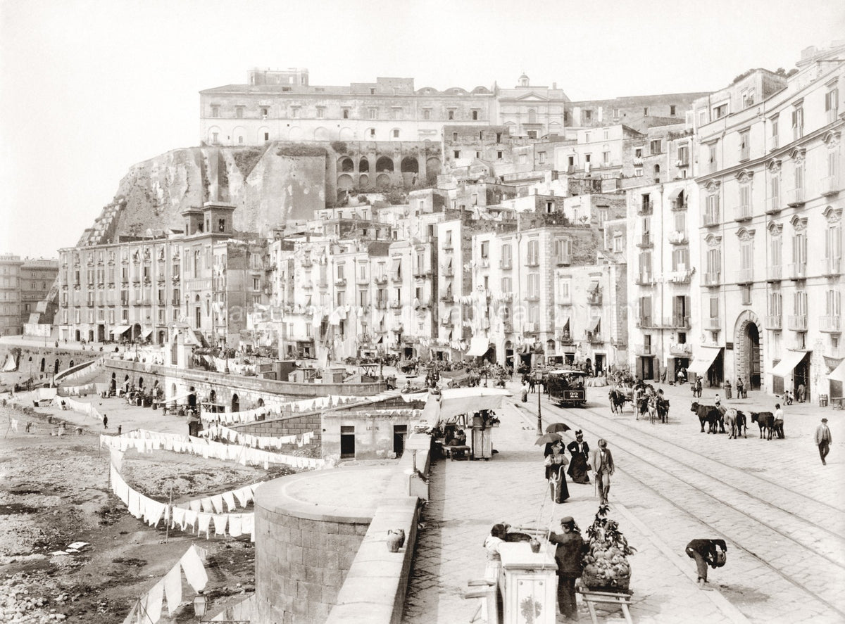 Naples Italy Strada di Santa Lucia Cityscape Tram Laundry Vtg. Photo 19thC.