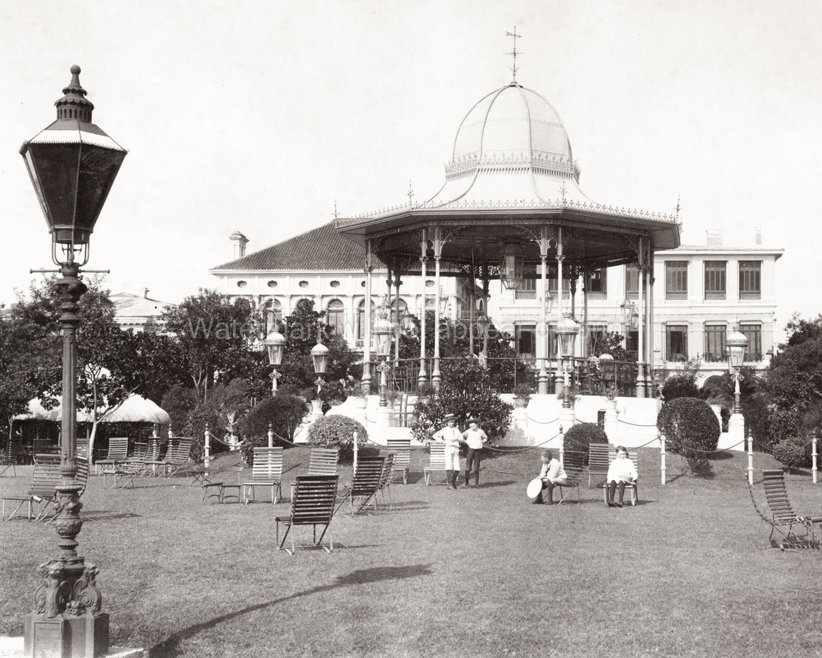 Shanghai China Bandstand Park Gardens Lamppost People Chairs Vtg. Photo 19thC.