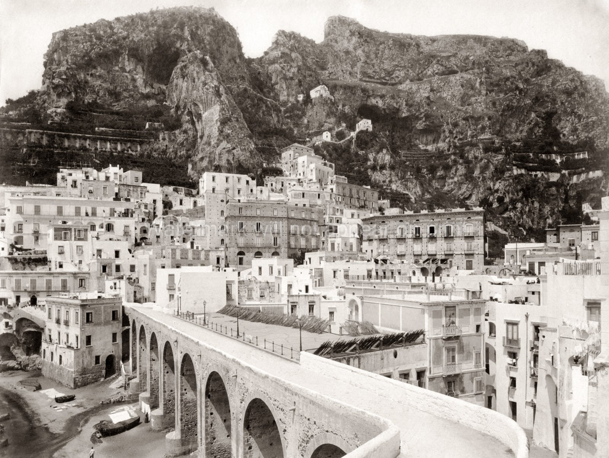 Atrani Italy Amalfi Coast Town Viaduct Bridge Mountains Vtg. Photo 19thC.