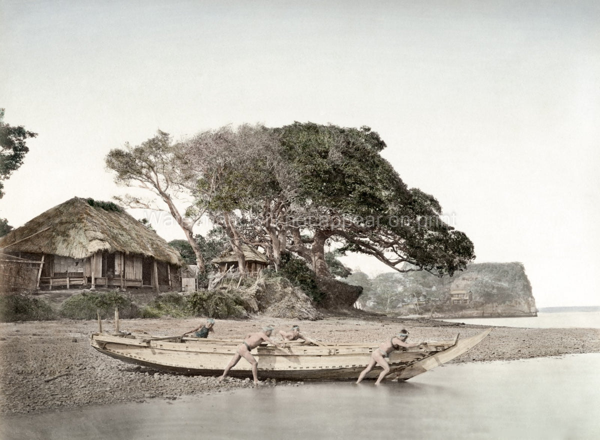 Honmoku Japan Fishing Boats Fishermen Coastal Village Thatched Vtg. Photo 19thC.