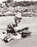 Palestine Holy Land Old Man Measuring Wheat Farmer Agriculture Vtg. Photo 19thC.