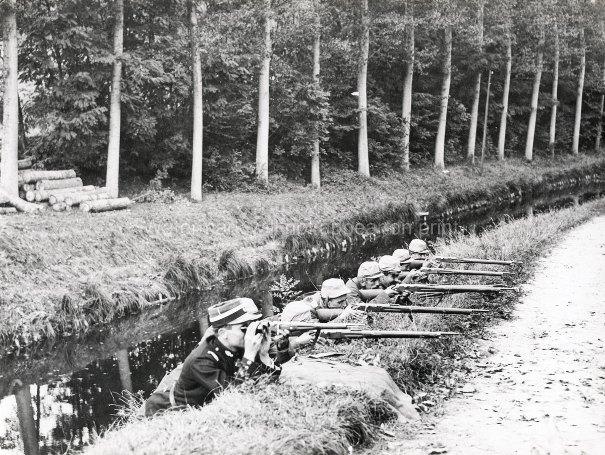French Soldiers Defending Canal WW1 Military Rifles Forest Vtg. Photo