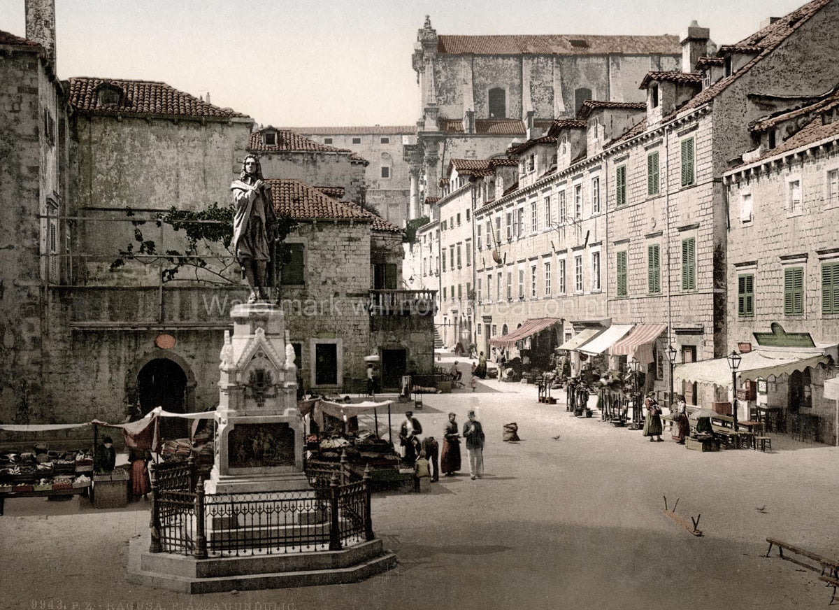 Ragusa Gundulic Square Market Scene Statue Architecture Vtg. Photo 19thC.