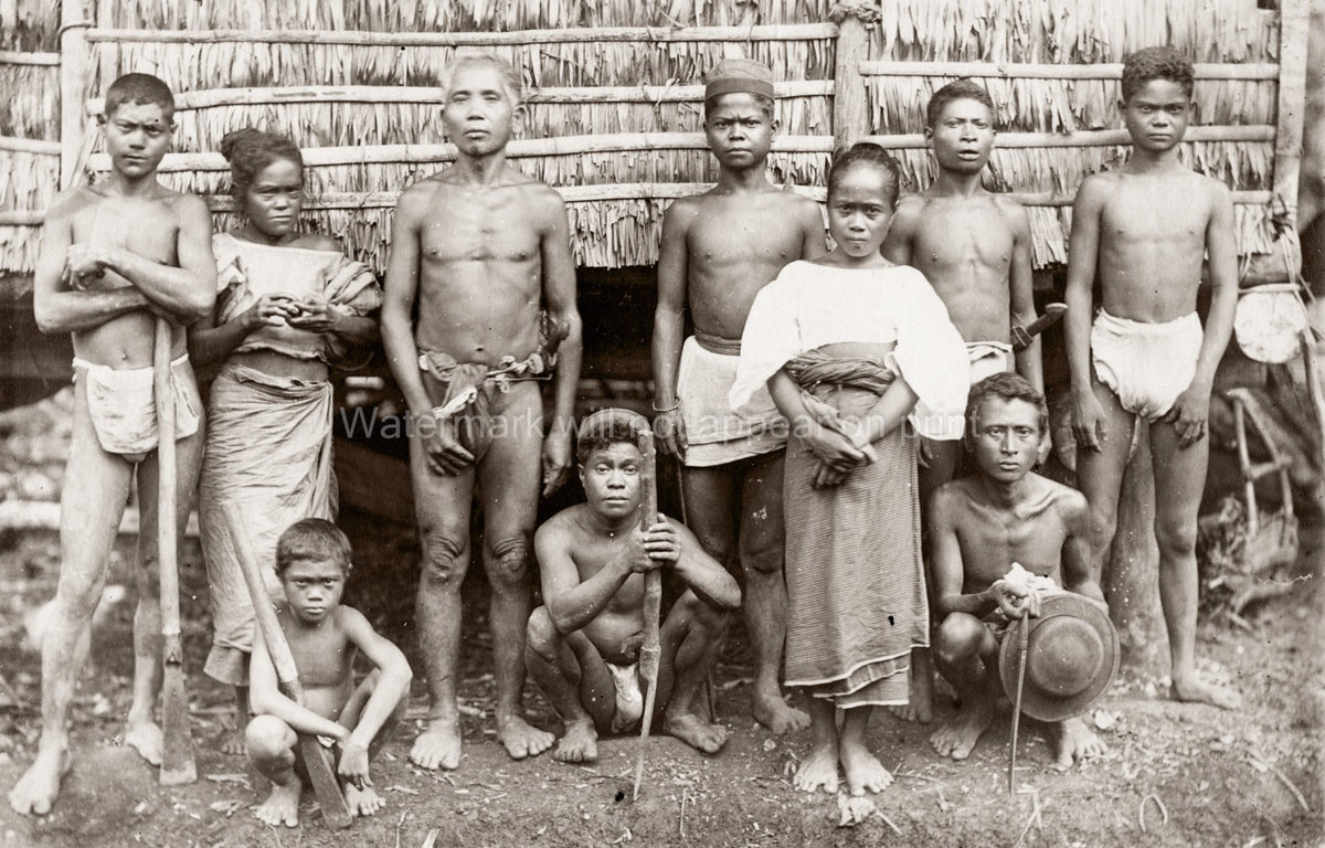 Philippines Indigenous Family Group Tribal People Village Hut Vtg. Photo 19thC.