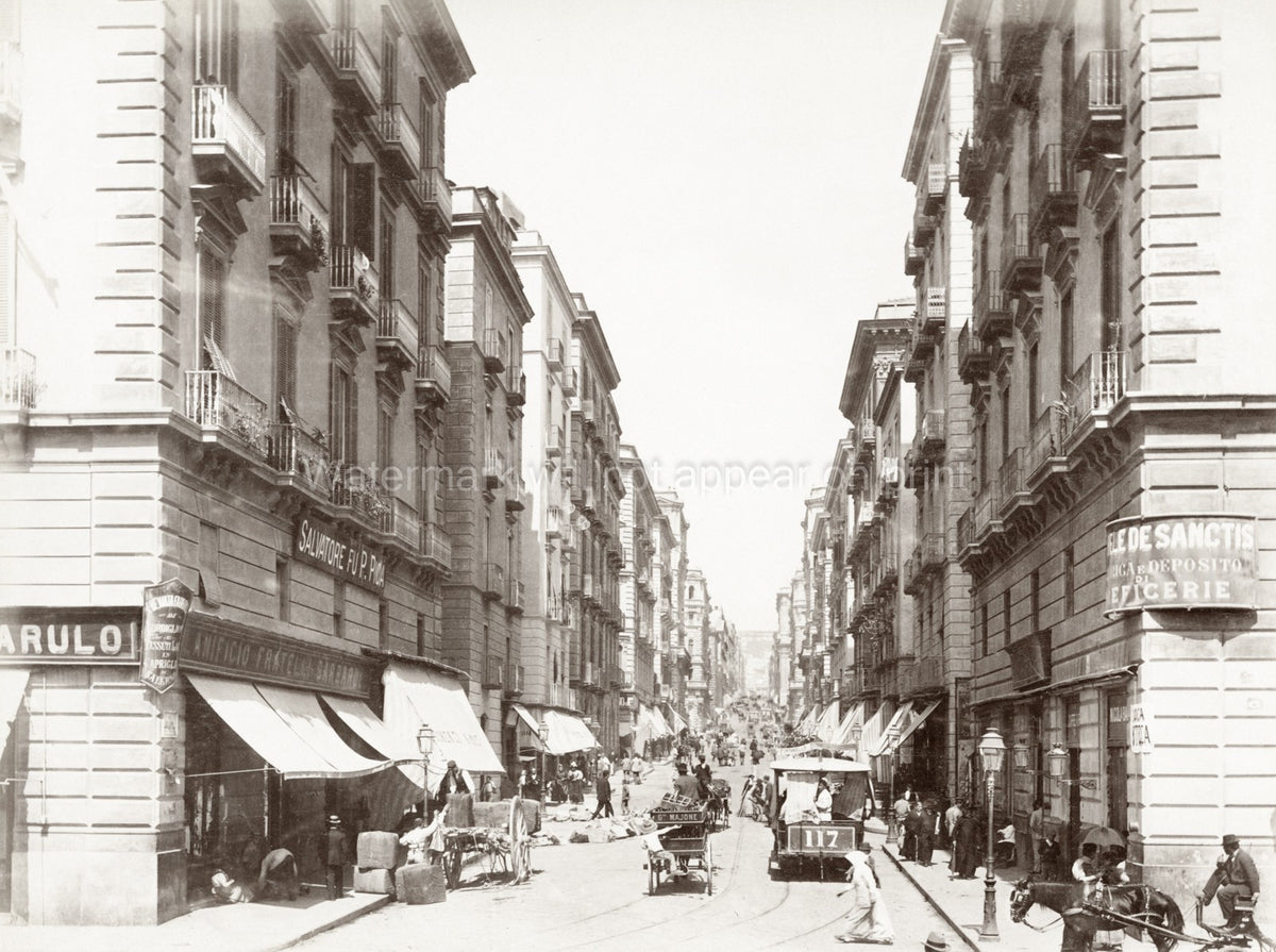 Naples Italy Del Duomo Street Scene Tram Horse Cart Vtg. Photo 19thC.