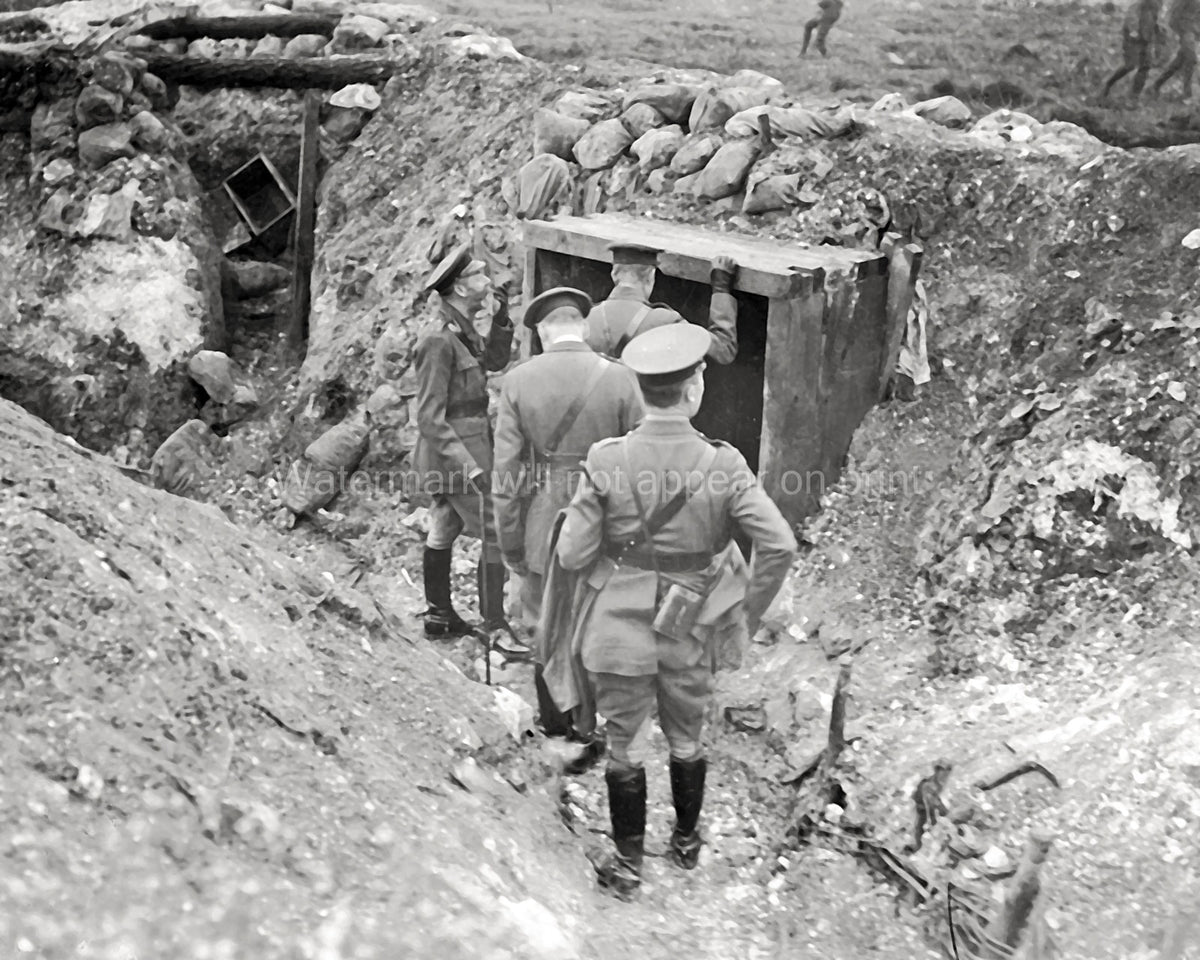 King George V Inspects German Dugout France WW1 Soldiers Trench Vtg. Photo