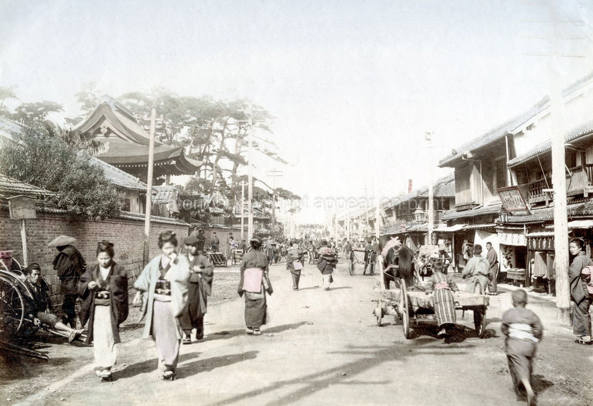 Kobe Japan Nanko Temple Street Scene People Kimono Rickshaw Vtg. Photo 19thC.
