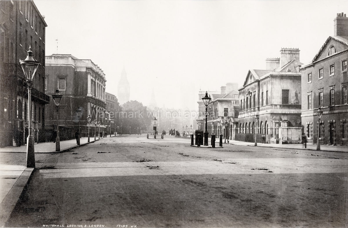 London Whitehall Street Scene Big Ben Architecture Gas Lamps Vtg. Photo 19thC.