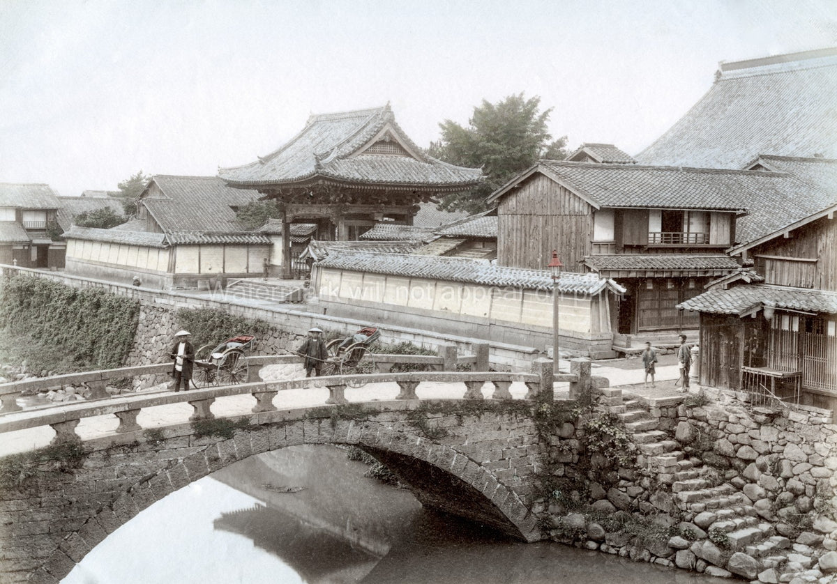 Japan Nagasaki Kamiya-bashi Bridge Rickshaws Temple Gate Vtg. Photo 19thC.