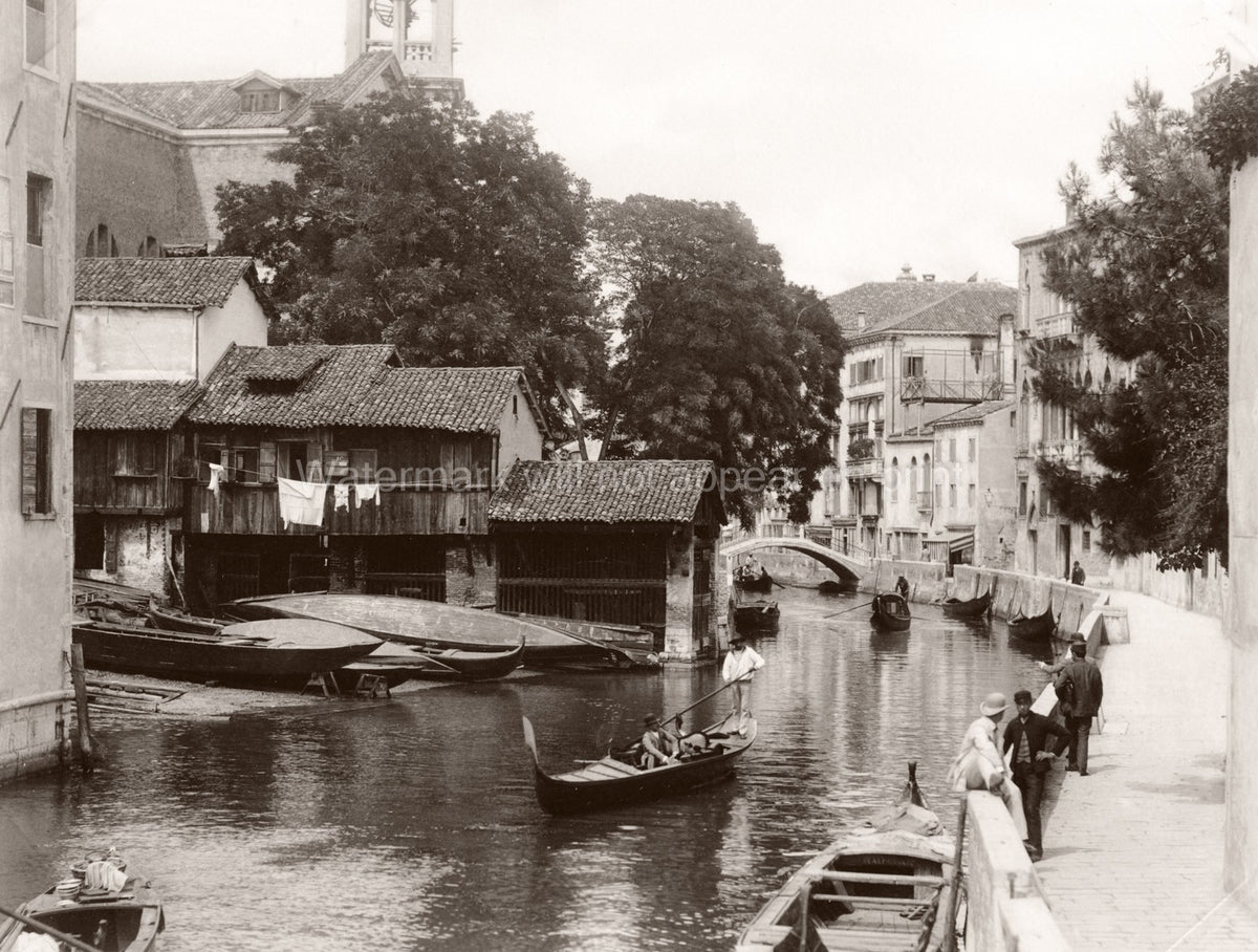 Venice Italy Canal Scene Daily Life Gondolas Boats Bridge Vtg. Photo 19thC.