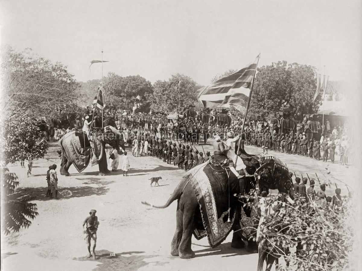 India Procession Elephants Parade Crowd Soldiers Flags Vtg. Photo 19thC.