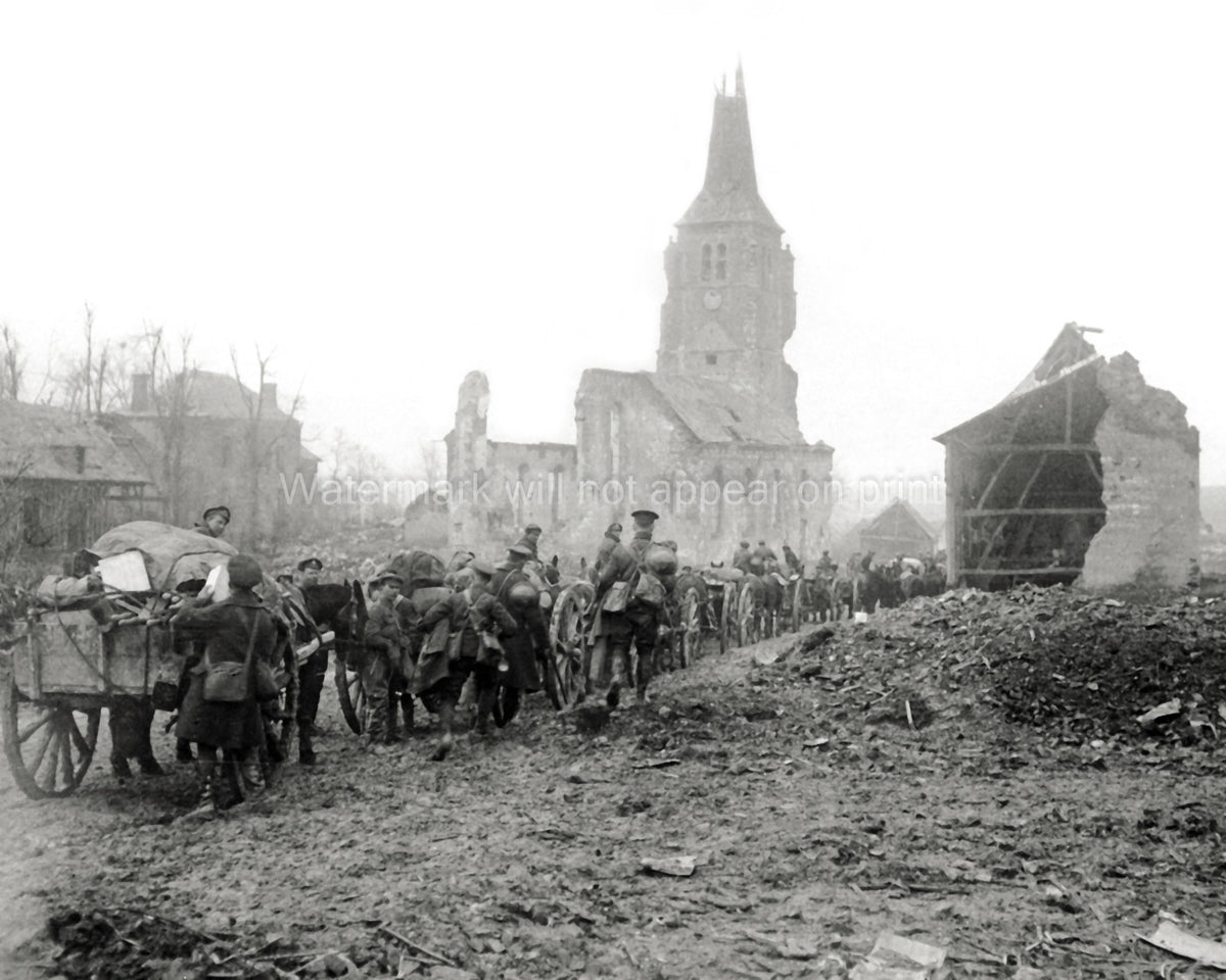 WW1 French Troops Move Ruined Church Muddy Road Soldiers Vtg. Photo