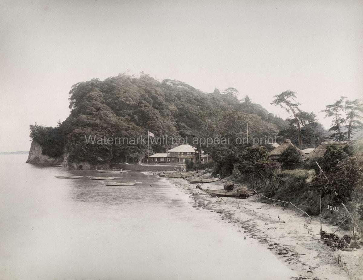 Tomioka Japan Beach Fishing Boats Coastal Village Shoreline Vtg. Photo 19thC.