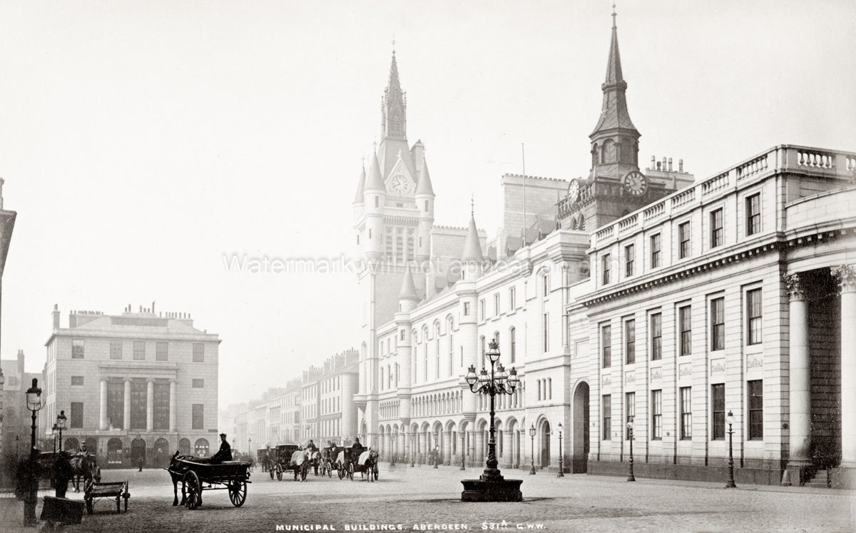 Aberdeen Scotland Municipal Buildings Street Scene Carriages Vtg. Photo 19thC.