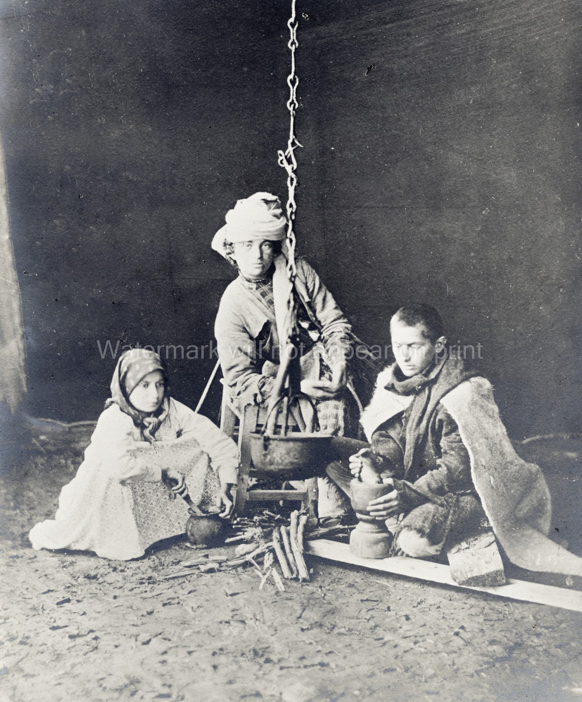 Caucasus Georgia Highland Tribe Cooking Campfire Traditional Vtg. Photo 19thC.