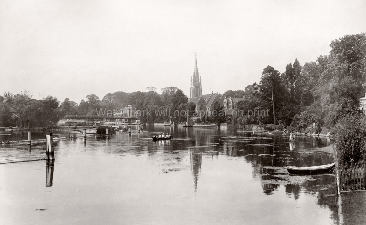 River Thames Marlow Saints Church Boating Bridge Weir Vtg. Photo 19thC.