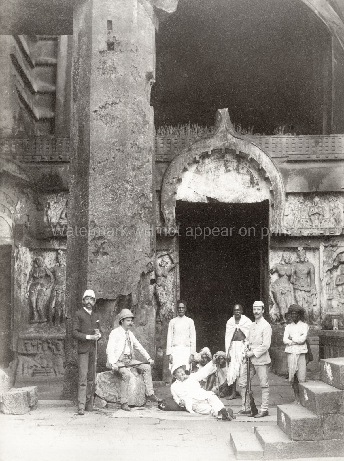 India Karli Caves Temple Westerners Native Men Architecture Vtg. Photo 19thC.