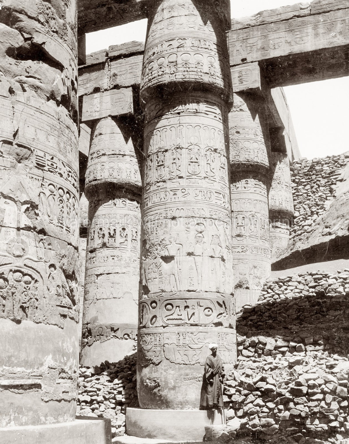 Egypt Carved Pillars Ancient Ruins Hieroglyphics Temple Figure Vtg. Photo 19thC.