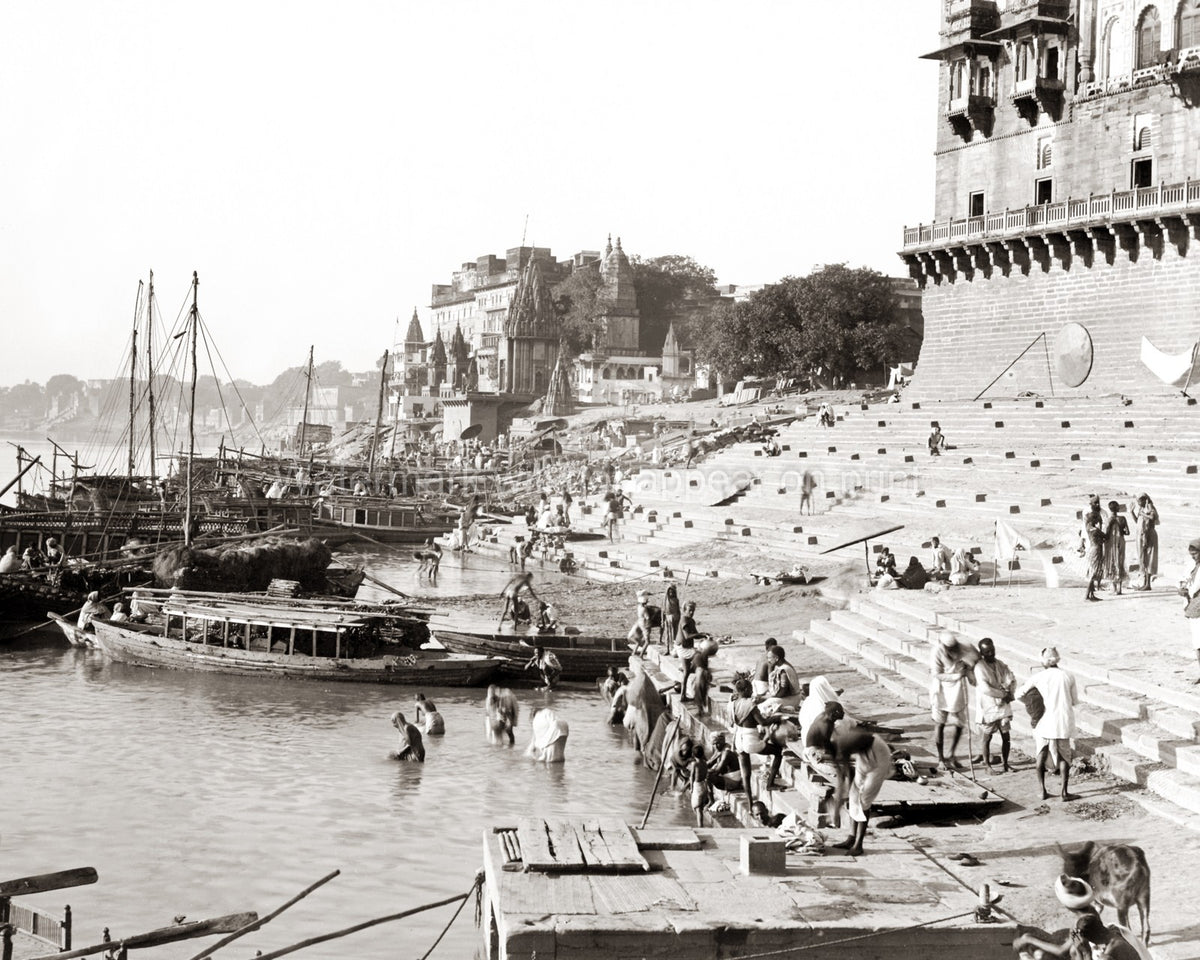 Benares Varanasi India Bathing Ghat Ganges River Boats Temples Vtg. Photo 19thC.