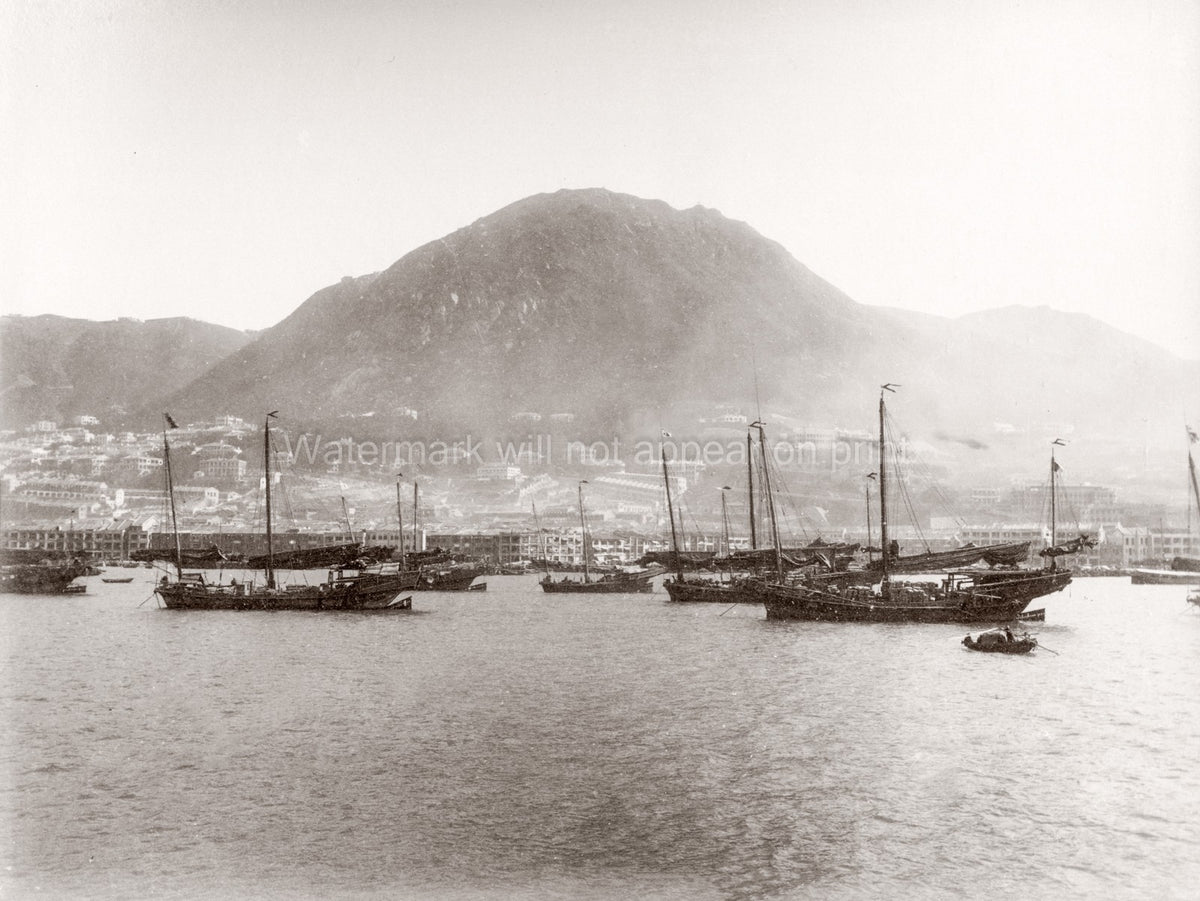 Hong Kong Harbour Junk Boats Sailing Ships Cityscape Mountains Vtg. Photo 19thC.