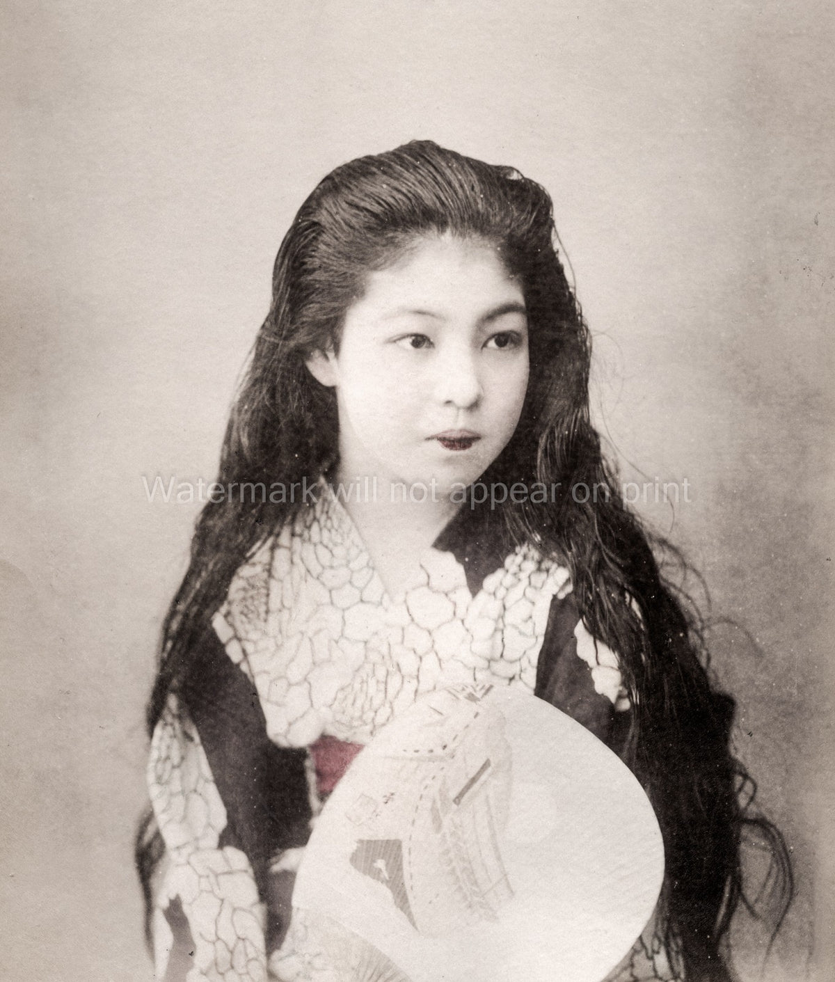 Young Japanese Woman Hair Kimono Fan Portrait Beauty Vtg. Photo 19thC.
