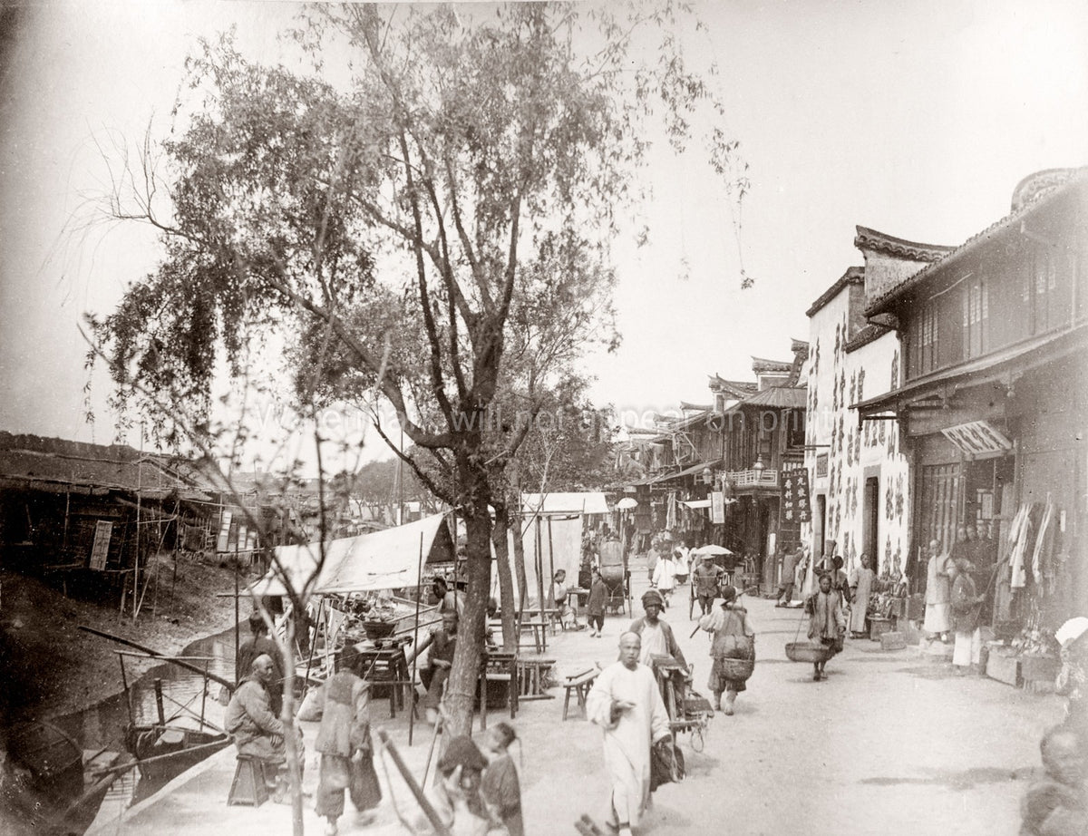Shanghai China City Street Scene Canal Market Shops People Vtg. Photo 19thC.